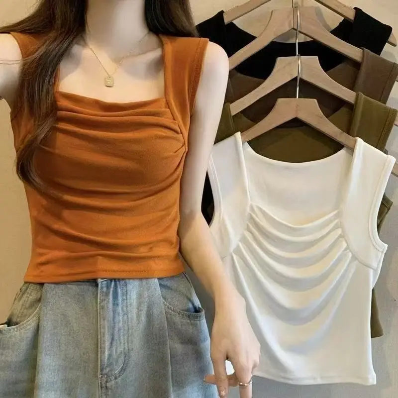 

Летняя плиссированная футболка с квадратным вырезом и жилетом, женская верхняя одежда, тонкие короткие топы без рукавов, нижняя рубашка