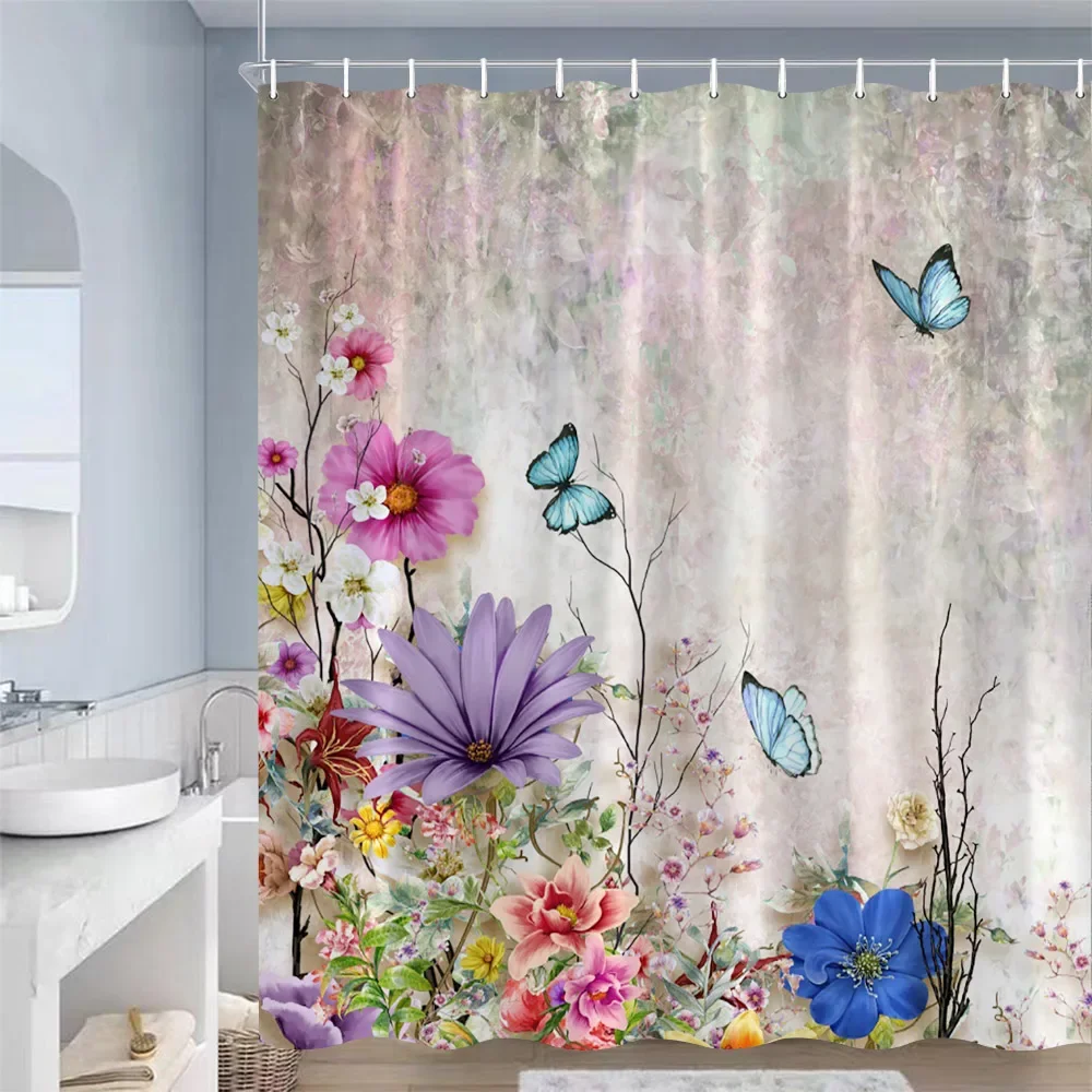 Butterfly Flowers Shower Curtains Pink Purple Blue Watercolour Floral Plants Vintage Art Modern Fabric Bathroom Decor with Hooks