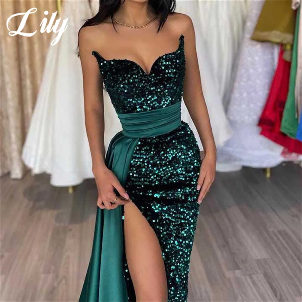 Lily Green Evening Gown Mermaid Sexy Beaded Prom Dresses Satin Pleat Sweetheart Side Split Wedding Evening Dress robes de soirée