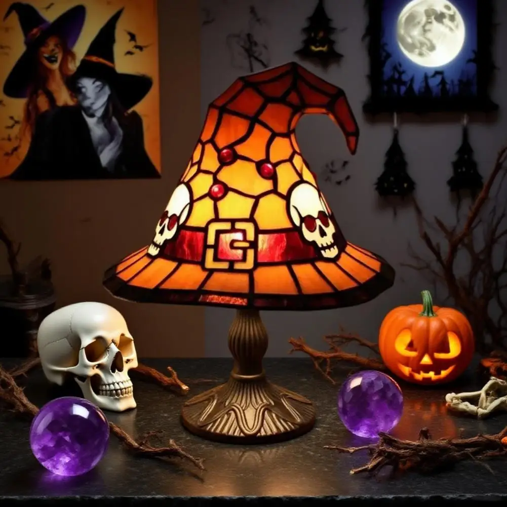 Charming Witch Hat Light Hat Led Night Light Table Lamp Set for Indoor Halloween Decor Handcrafted Stained Resin for Haunted