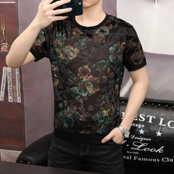 Summer Fashion Flocking Flower T-shirts Men Short Sleeve Round Necked T Shirt Elastic Breathable Casual Business T-shirt M-4XL