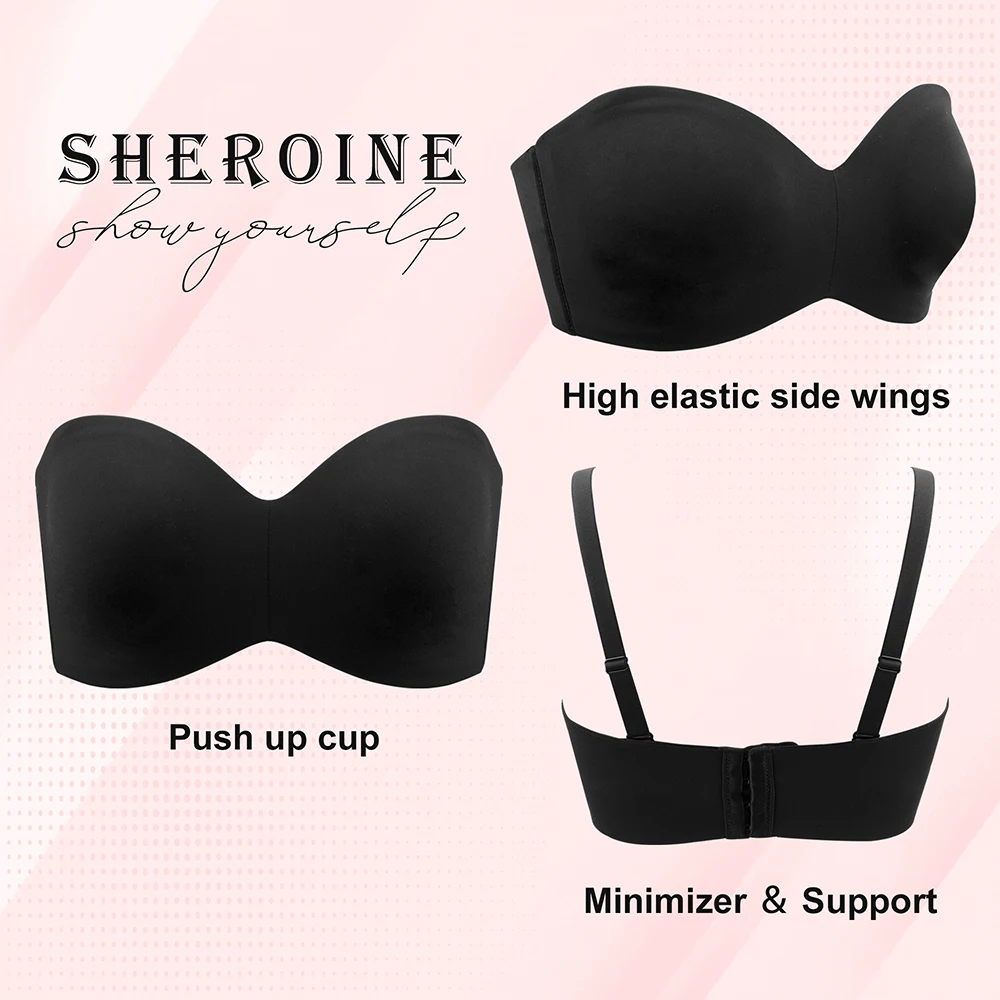 Sheroine Plus Size Women Bra Strapless Push Up Seamless Underwire Large Breasts Support Convertible Smoothing Unpadded Bras