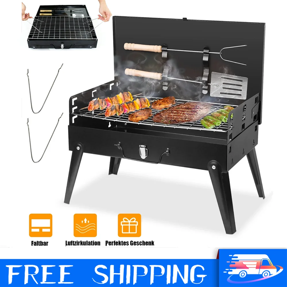 Barbecue d'extérieur pliable et portable en acier inoxydable avec grille de cuisson et poêle à bois pour camping