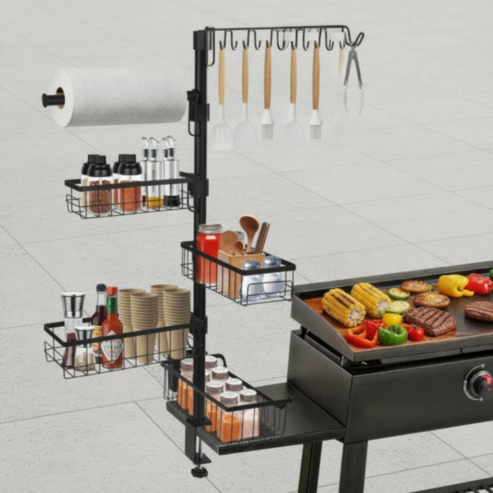 Grill Organizer with Clamp Adjustable Grill Carrier with Paper Towel Holder Barbecue Carrier with Hooks Sturdy Storage Organizer