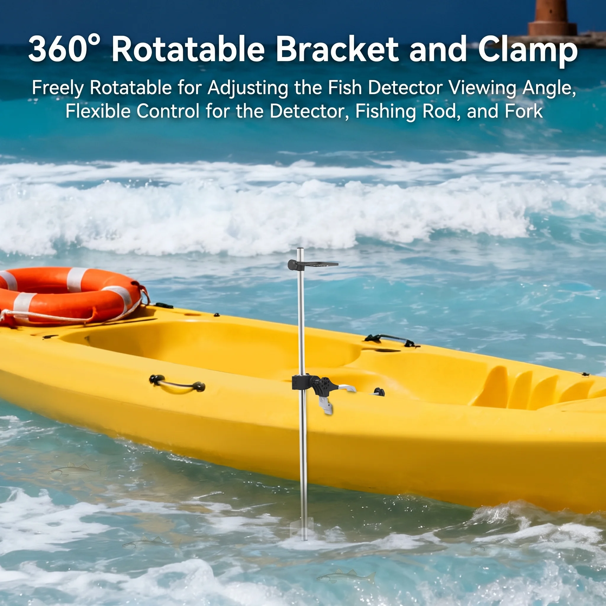 Universal Transducer Bracket Portable Fishfinder Mount, 360° Rotatable Fishing Boat Bracket with 3.15" Max Clamp Opening, Adjustable Height for Kayak Canoe Raft, Silver/Black