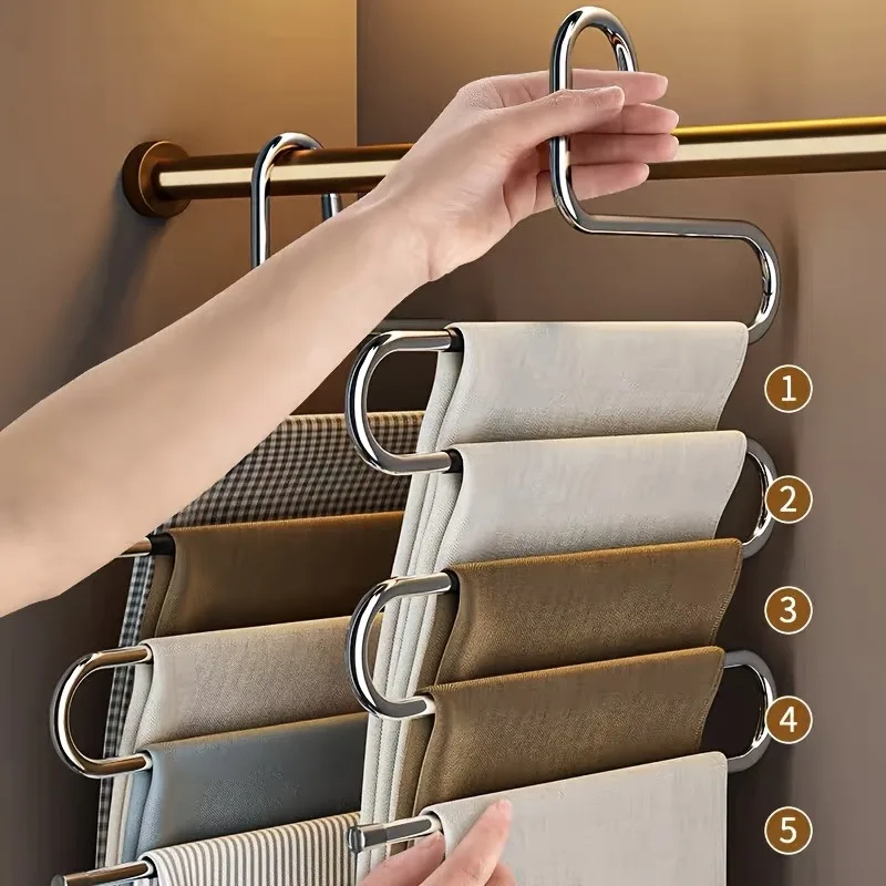 kkjoy 4pcs Heavy Duty Stainless Steel Pants Hangers Non Slip S Shape Rust Resistant uses for jeans trousers wardrobe storage