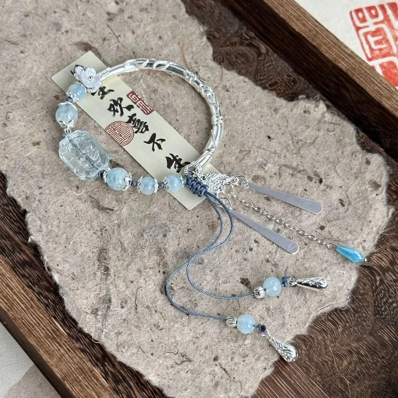 새로운 중국 스타일 태슬 블루 비즈 롱 펜던트 팔찌 여성용 궁정 스타일 팔찌 기품 있는 팔찌 패션 주얼리