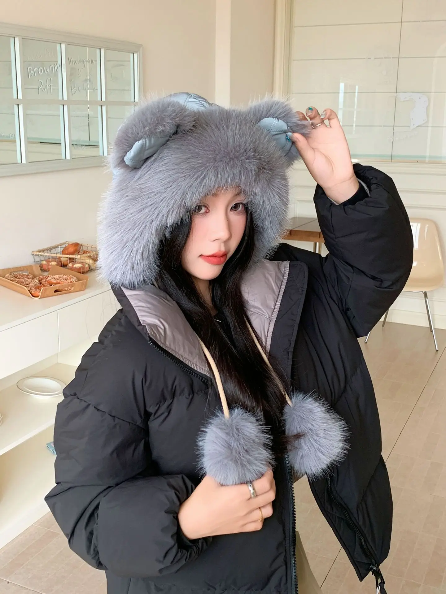 Autumn Winter Bear Ear Warm Flurry Hat Girls Women Cute Thickened Fleece Hooded Hat Cold-Proof Hat Cycling Outdoor Beanie Cap