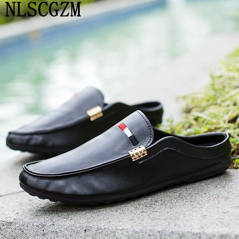 Slippers Luxury Designer Half Shoes for Men Casuales Slippers Men Luxury Summer Slippers Leather Shoes for Men Zapatos Hombre