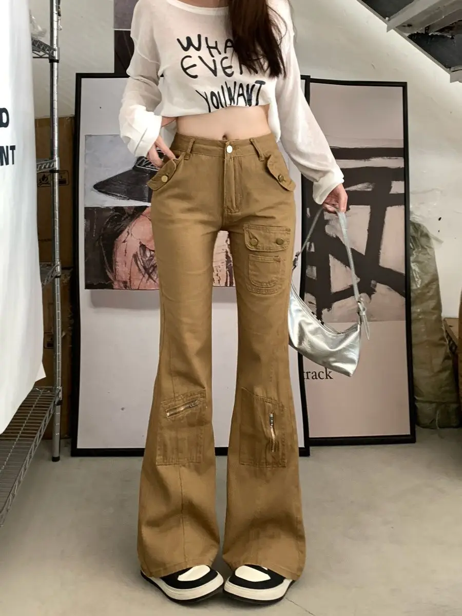 Retro Khaki Boot-cut Pants for Women High-waisted Versatile Commuter Workwear Jeans Slim Trousers Ins Style