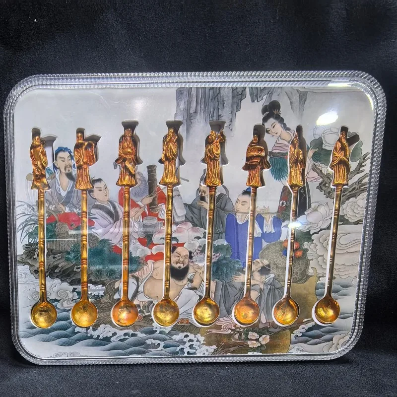Retro Chinese Eight Immortals Sculpted Golden Spoon Kit With Painting Storage Case Traditional Craft Collectible Ornament