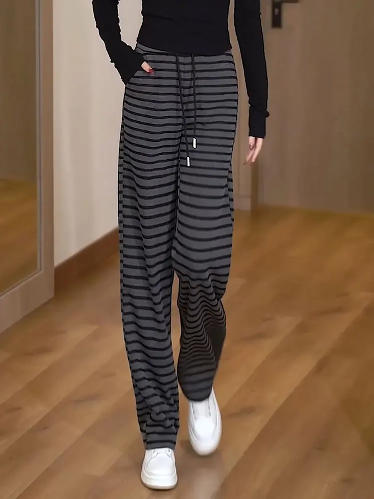 Unieke gestreepte wijde pijpen broek dames losse luie Sle vakantie faion lente zomer nieuwe collectie casual broek met rechte pijpen