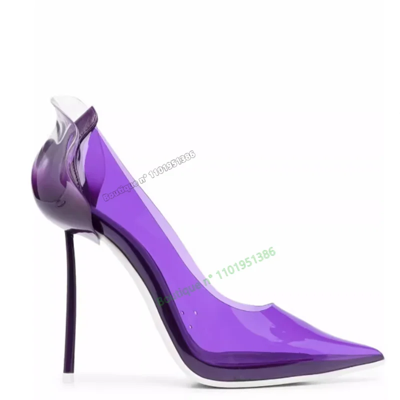 

Purple Flower Heel Clear PVC Pumps Shallow Thin High Heel Pointed Toe Knee High Solid New Autumn Winter Big Size Women Shoes