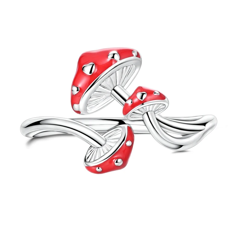925 Sterling Silver Creative Red Heart Mushroom Rings For Women Fine Wedding Anniversary Jewelry Gifts