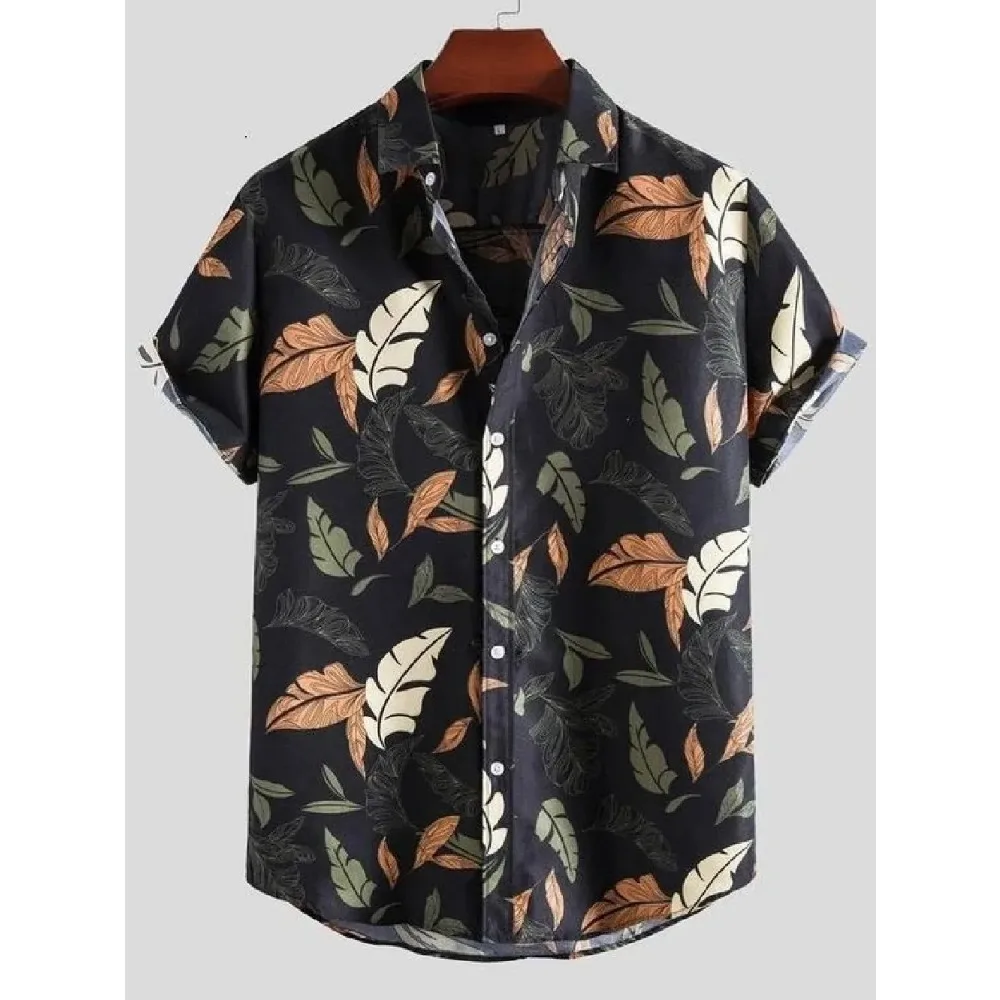 Hawaiian Beach Men's Short Sleeve Shirt with Plant Print Pattern Boy's Short Sleeve Lapel Casual Shirt Fashionable Tops