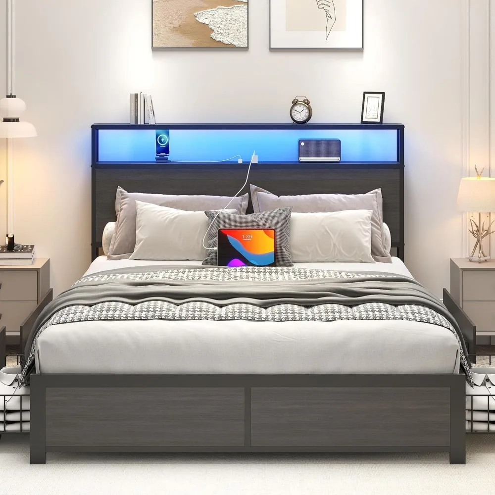 إطار سرير كامل مع لوح رأسي للتخزين من طبقتين، إطار سرير بمنصة معدنية مع 4 أدراج تخزين، مدمج في وضع الشحن