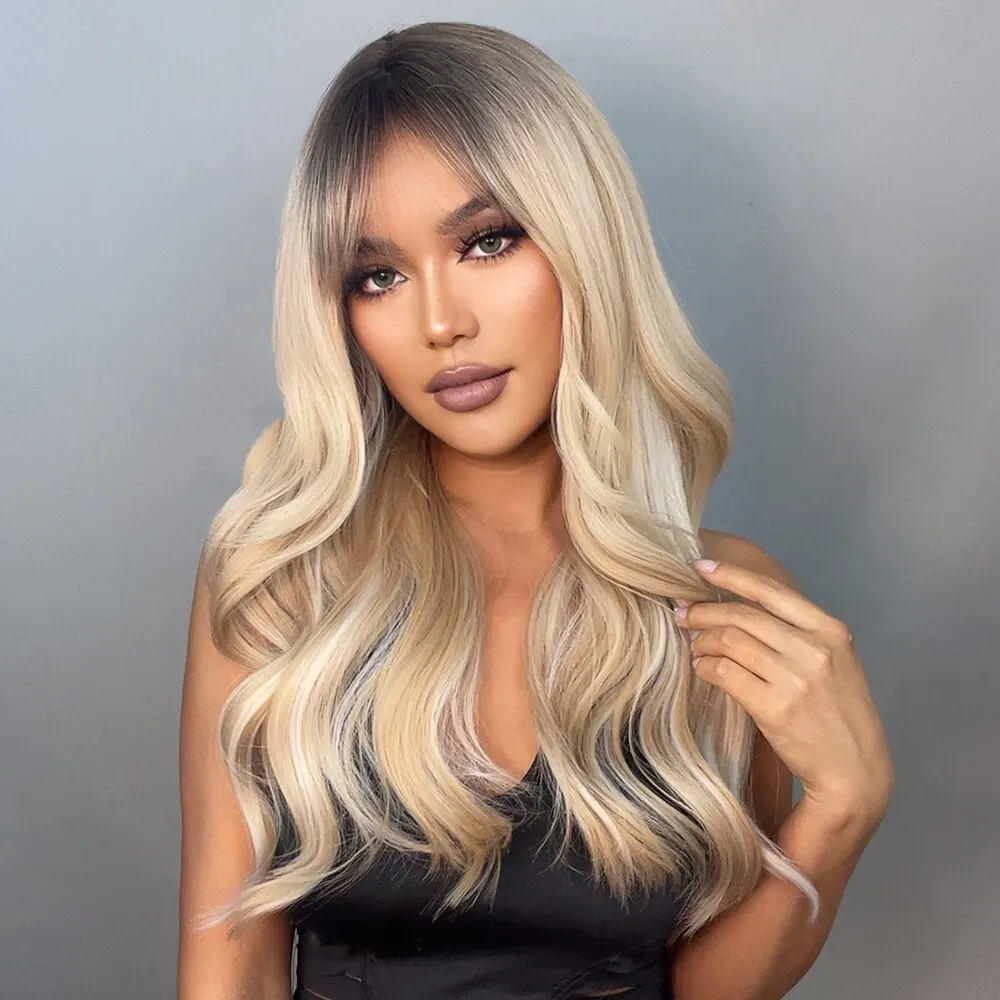 HAIRCUBE Long Ombre Brown Black Light Blonde Synthetic Wigs with Bangs Heat Resistant Straight Wigs for Women Natural