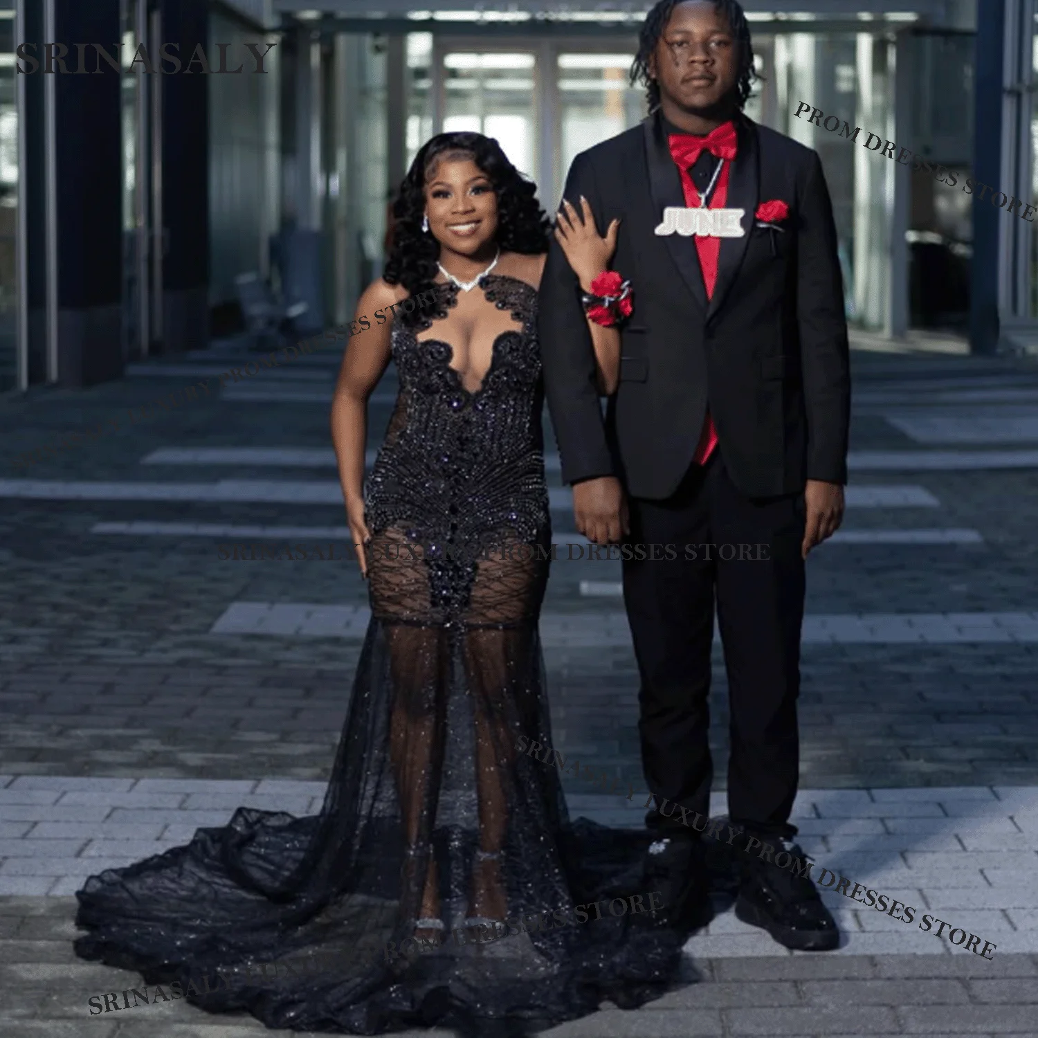 African Elegant Embroidery Crystal Mermaid Prom Dresses Customized Black Girls Evening Party Gown Sparkly Evening Robe De Soiree