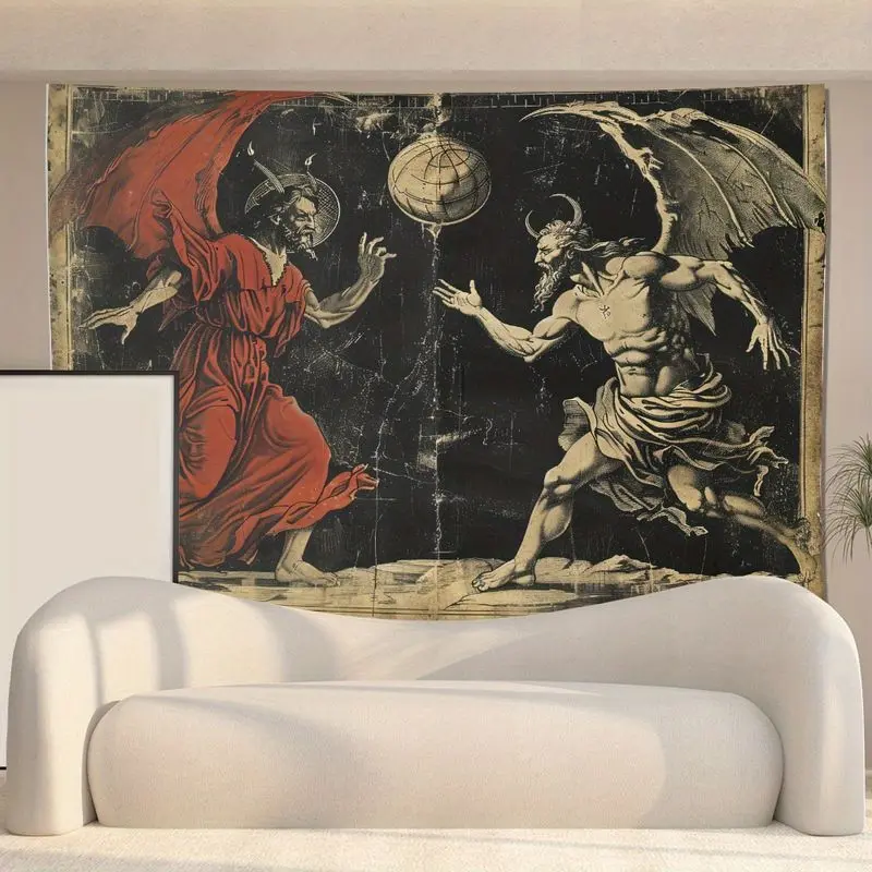 VIKAMA Vintage Retro Angel Devil Confrontation Planet Dark Tapestry, Gothic Wall Art for Bedroom Living Room Dorm