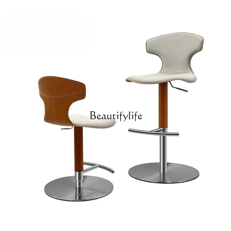 05-Modern simple and light luxury saddle leather bar chair can be lifted and adjusted rotating high stool