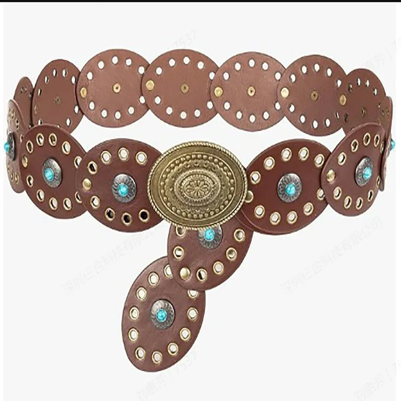Women's Rhinestone Decor Round Patchwork Belt Ethnic Inspired Waist Chain with Eyelet Holes for Daily Wear