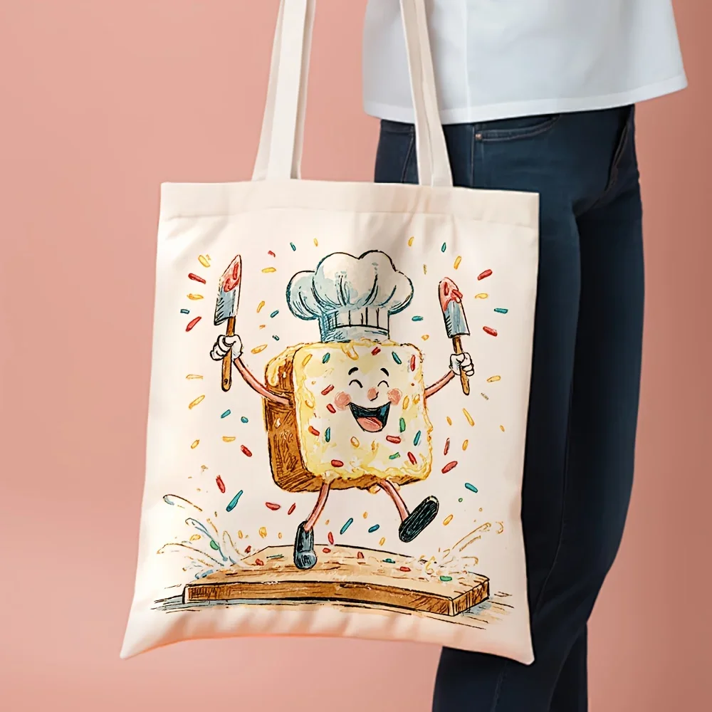 1pc, Fun Chef Bread Canvas Tote Bag Grocery Bags (35.05cm x 40.13cm), Playful Kitchen Art Bag for Daily Shopping, Reusable Groce