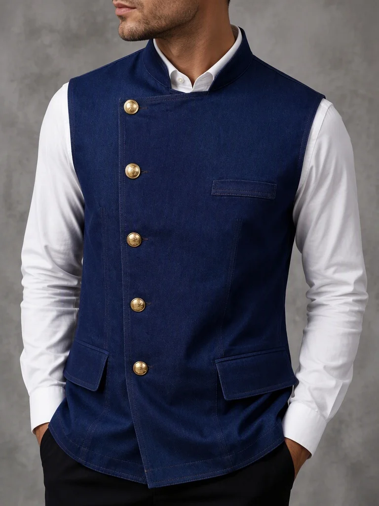 Men's Denim Vest Mandarin Collar Asymmetric Diagonal Gold Buttons Multi‑Pocket Slim Fit Vintage Casual Party Waistcoat Outerwear