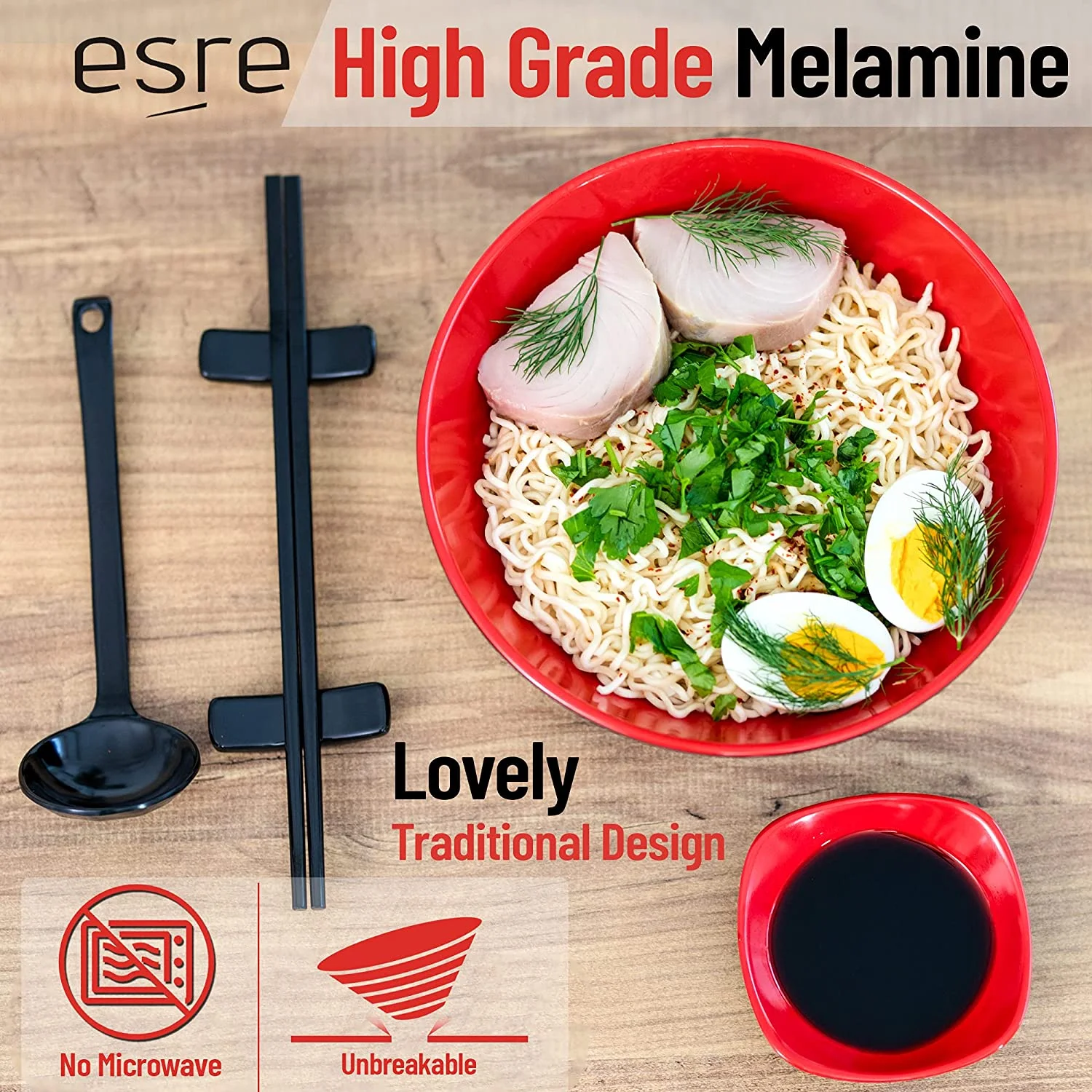37 oz Japanese Melamine Ramen Bowl Set Large Asian Chinese Dinnerware with Chopsticks and Spoons for Noodle Bowls Food Serving