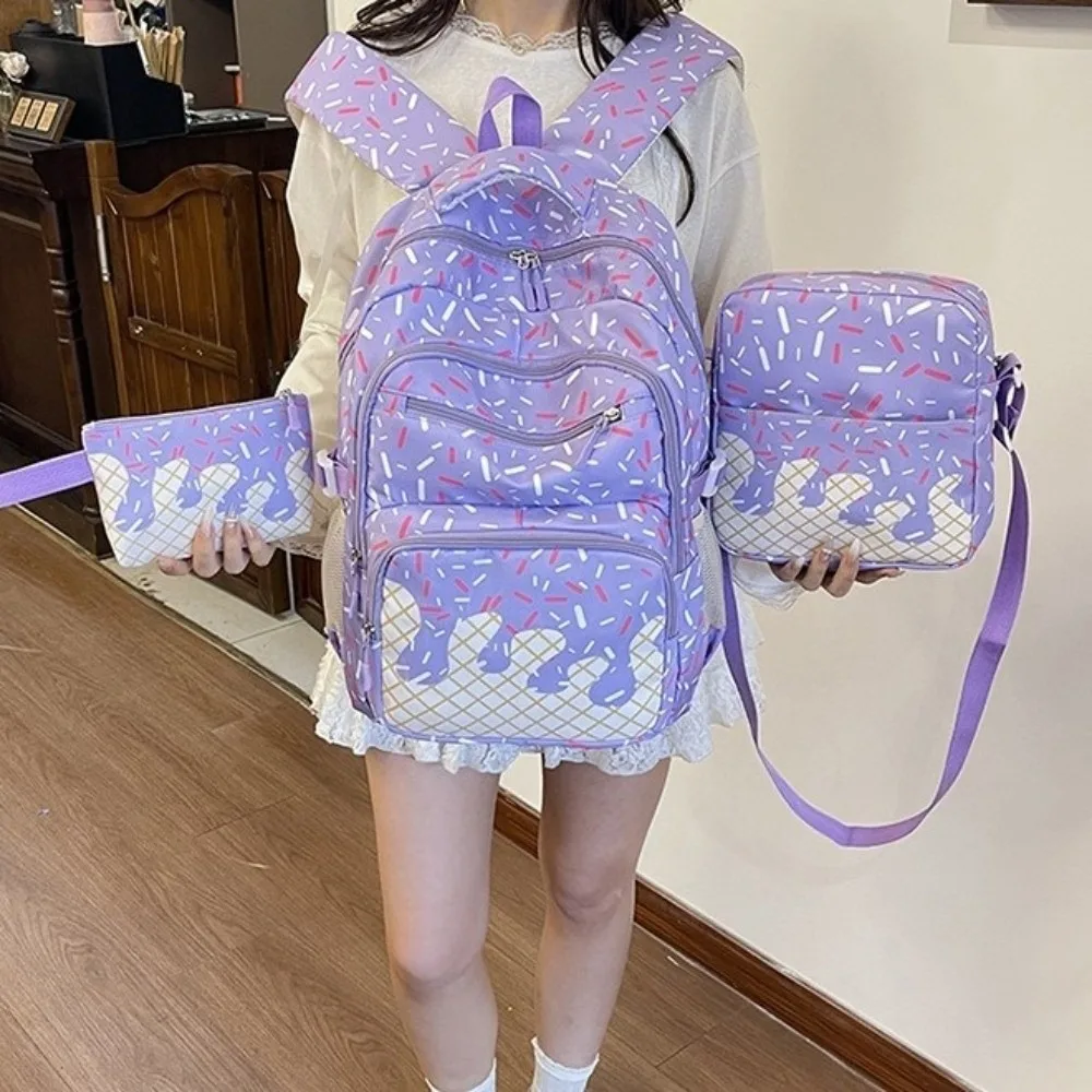 Oxford Fabric Ice Cream Printed Backpack Set with Crossbody Bag Large Capacity School Bag Matching Lightweight Bookbag