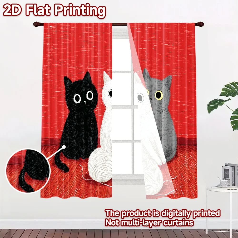 2D flat printing 2pcs Curtains Cute Cats Yarn Digital Printed Polyester Drapes Birthday Party for Photo Booths Birthdays