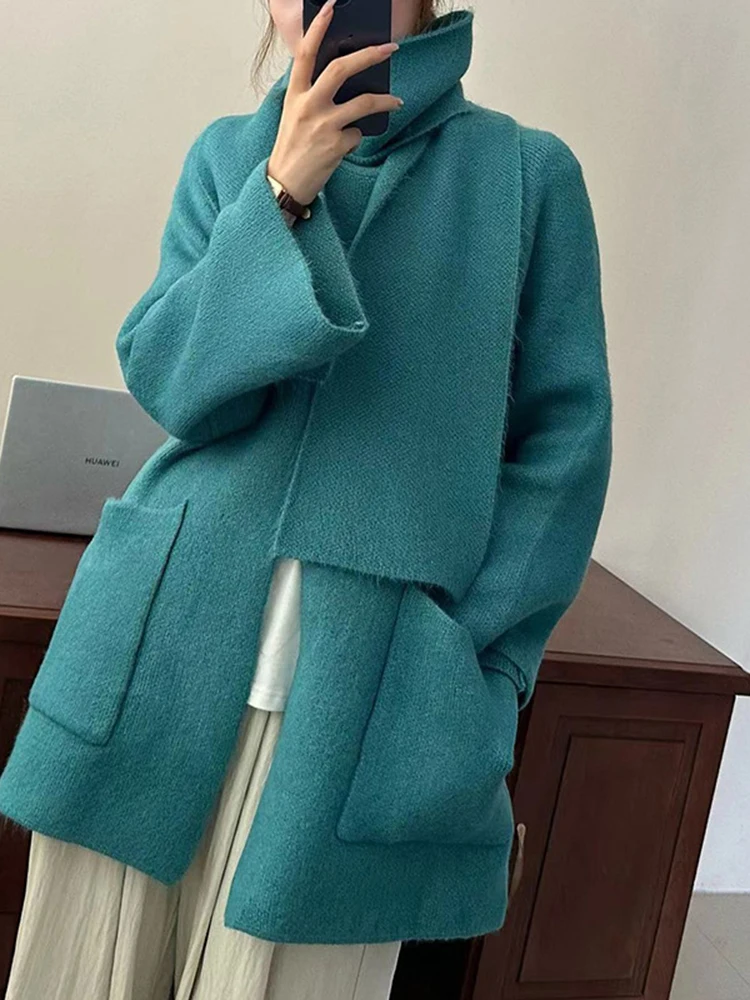 LANMREM Winter Knitted Sweater Coat Women Round Neck With Scarf Pockets Single Button Solid Color Clothing 2023 New 2AA3835