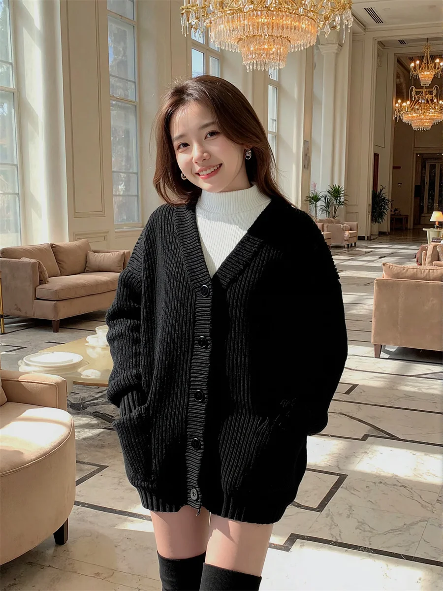 Kardigany 2025 Dekolt w serek Luźne Rozpinane Swetry Dzianinowe Bluzy Odzież Damska na Jesień Z Detalem z Żebrowanej Tkaniny Dzianiny z Przodu OL