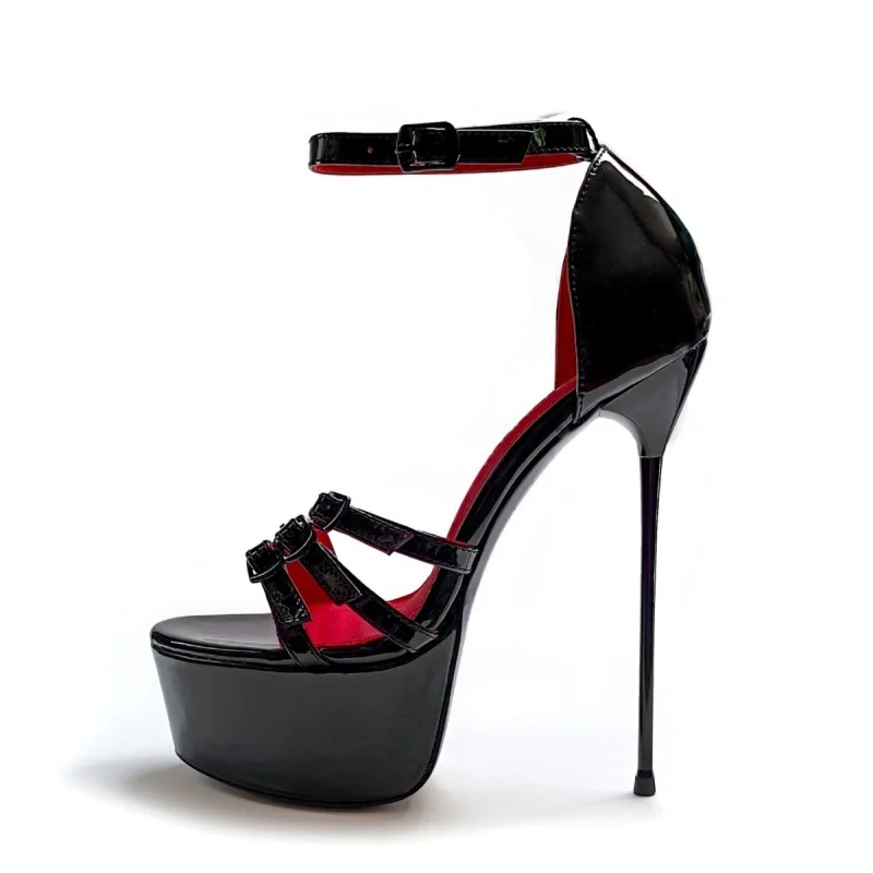 

Arden Furtado Summer Black Patent Leather Platform Belt buckle Banquet shoes round toe Super high heel One word buckle sandals