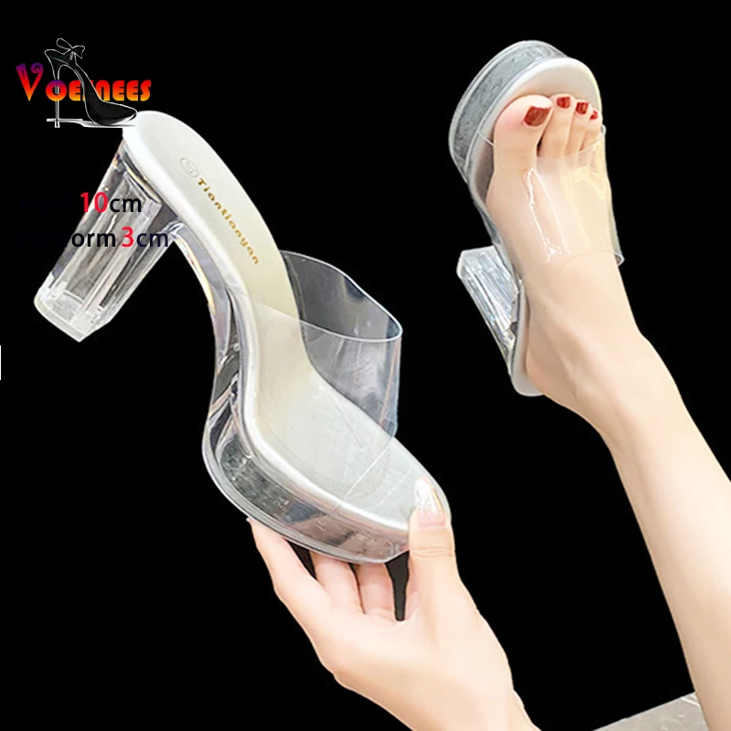 Size 35-40 Transparent Women Shoes 2024 New Crystal Platform High Heels 10CM Ladies Party Slides Sandals Luxury Summer Slippers