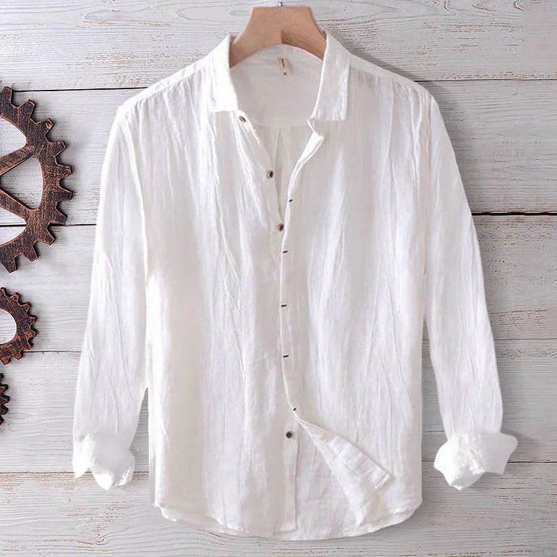 Daily Leisure Solid Color Linen Shirts Mens Long Sleeve Buttoned Turn-down Collar Casual Shirt Spring Autumn Vintage Men's Shirt