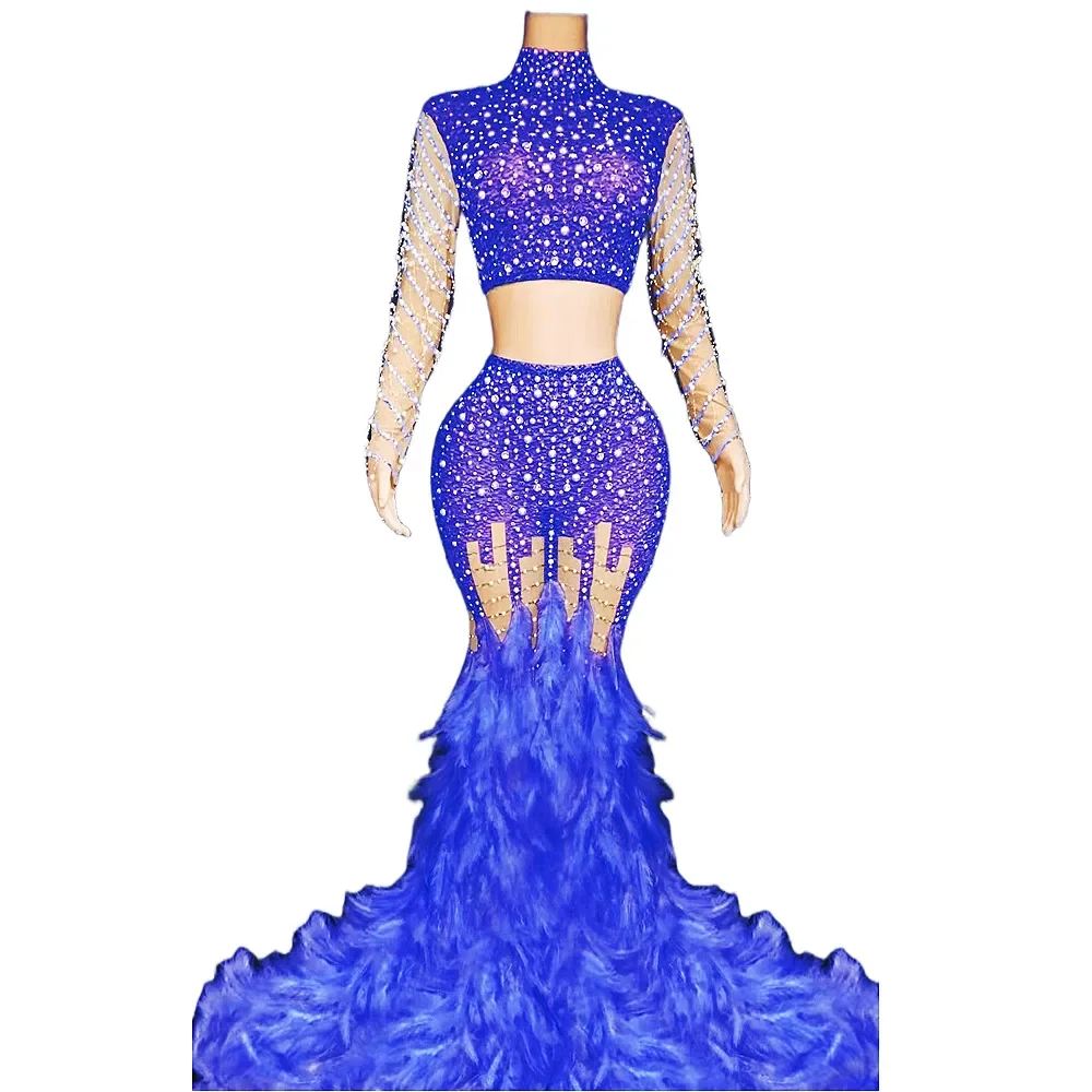 Colorido brilhante strass pérolas topo e penas longas vestido feminino noite casamento elegante festa roupas palco trajes de baile