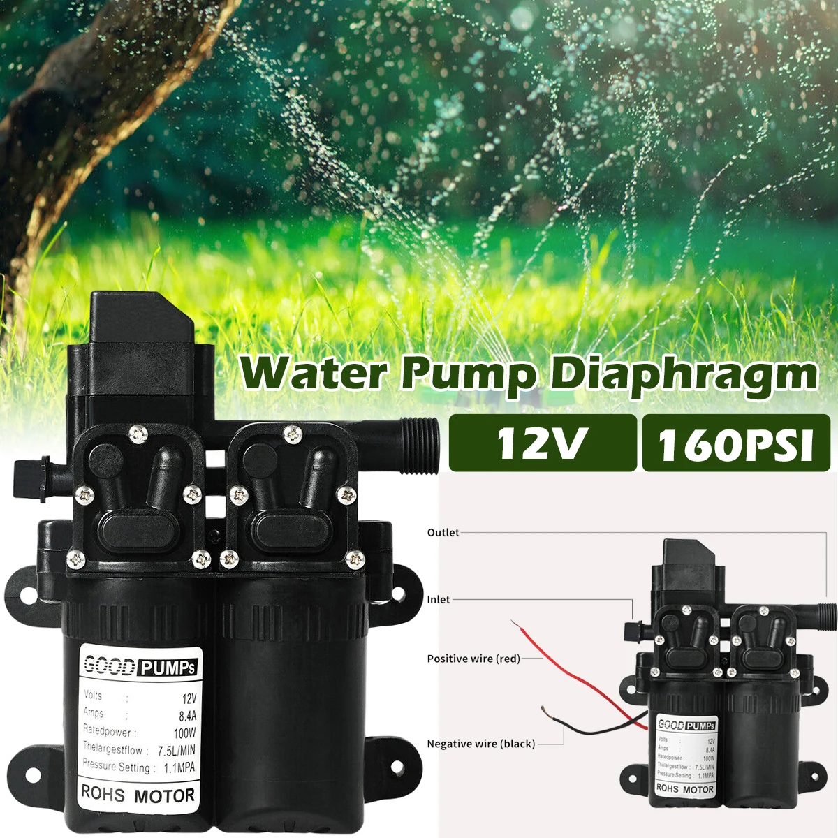 

12V Water Pump Diaphragm 160PSI Water Pressure Pump 7.5L/min Self Priming Pumps Flow Switch Electric Multifunctional Diaphrag