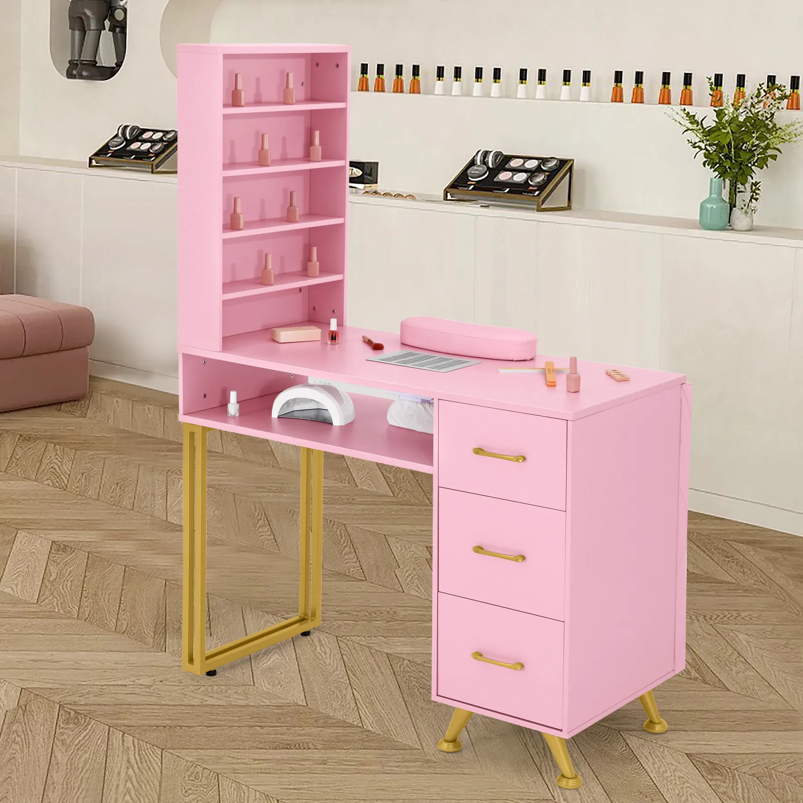

Pink Manicure Table Nail Desk Salon Station, Dust Collector, Shelf, Drawer, Pad