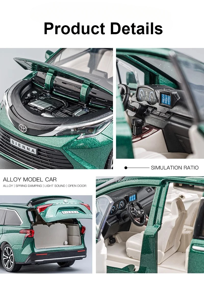 SIENNA MPV Van-Spielzeugautomodell im Maßstab 1:24, Druckguss-Miniatur, zurückziehbare Ton- und Lichttüren, zu öffnende Sammlung, Geschenke für Jungen und Kinder – Detail 4