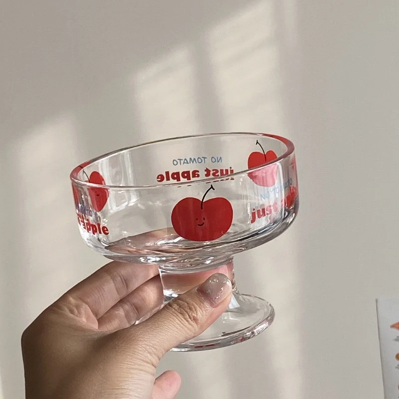 Cute Tomato And Apple Patterned Glass Cups Household Dessert Ice Cream Cup 210ml Pudding Yogurt Cold Drink Goblet Cups