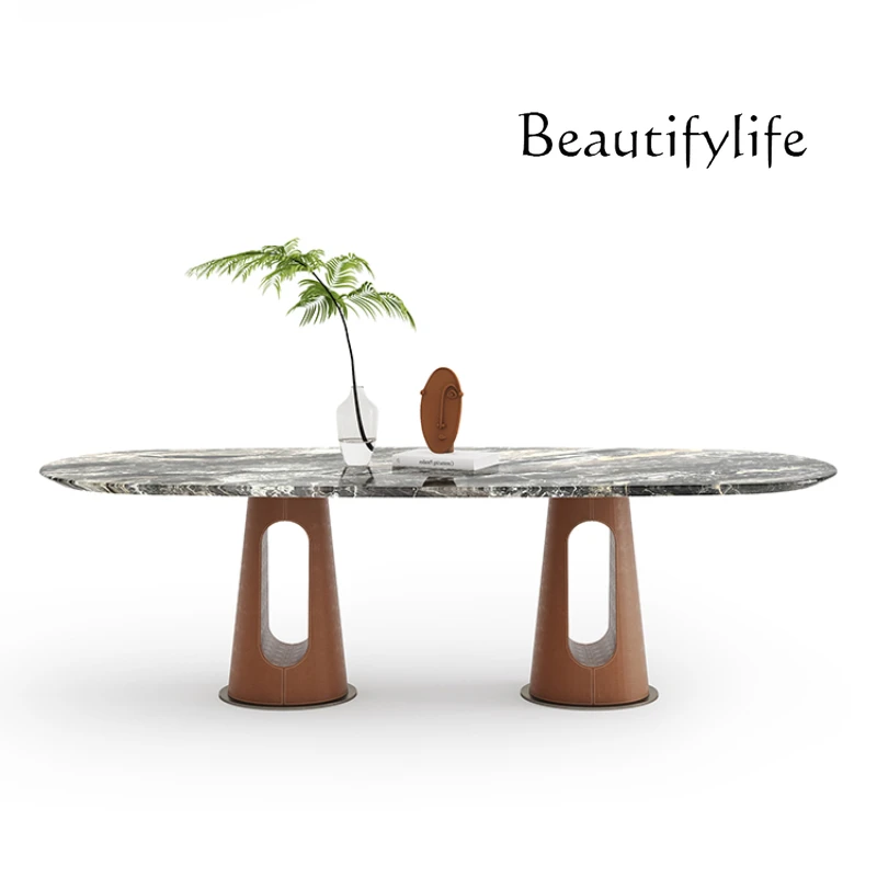 Italian-Style Light Luxury Venice Brown Natural Stone Saddle Leather Rectangular Dining Table Marble Dining Table