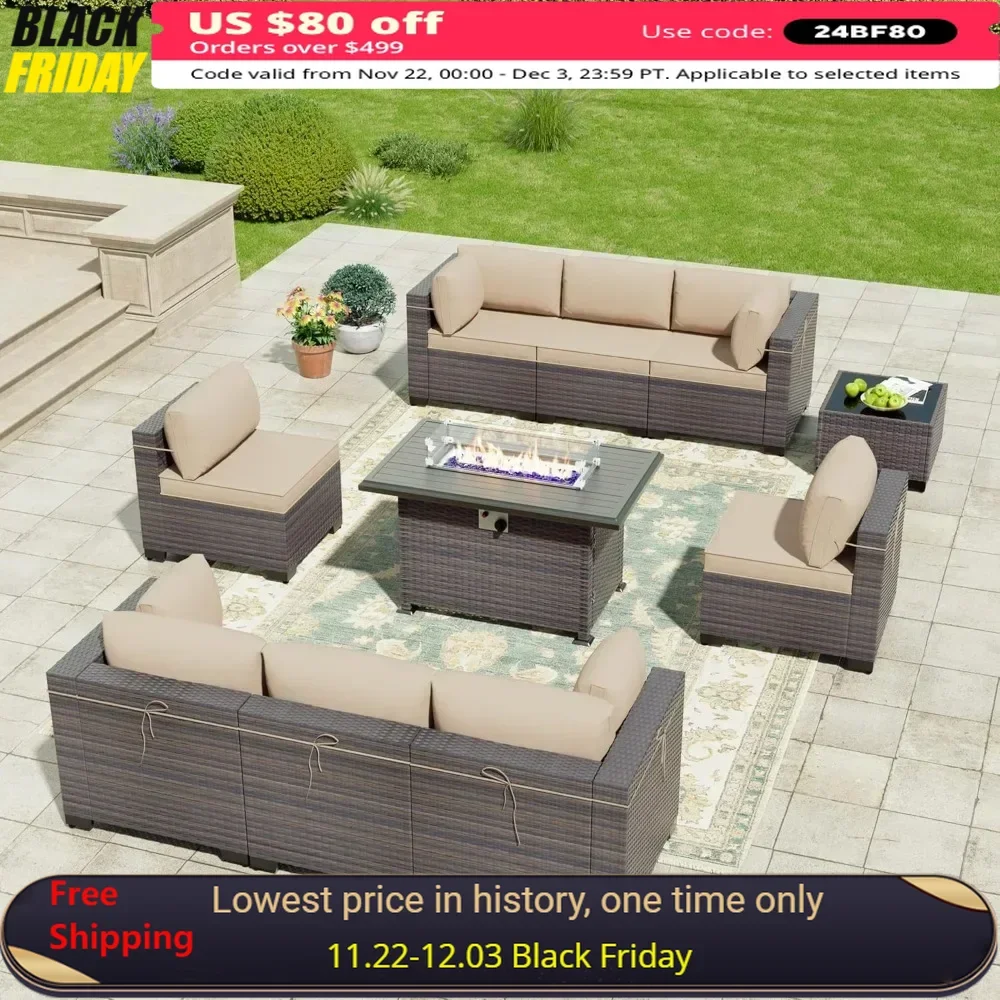 

10 Pieces Outdoor Furniture Set with 55000BTU Gas Propane Fire Pit Table,PE Wicker Rattan Sectional Sofa Patio Conversation Sets