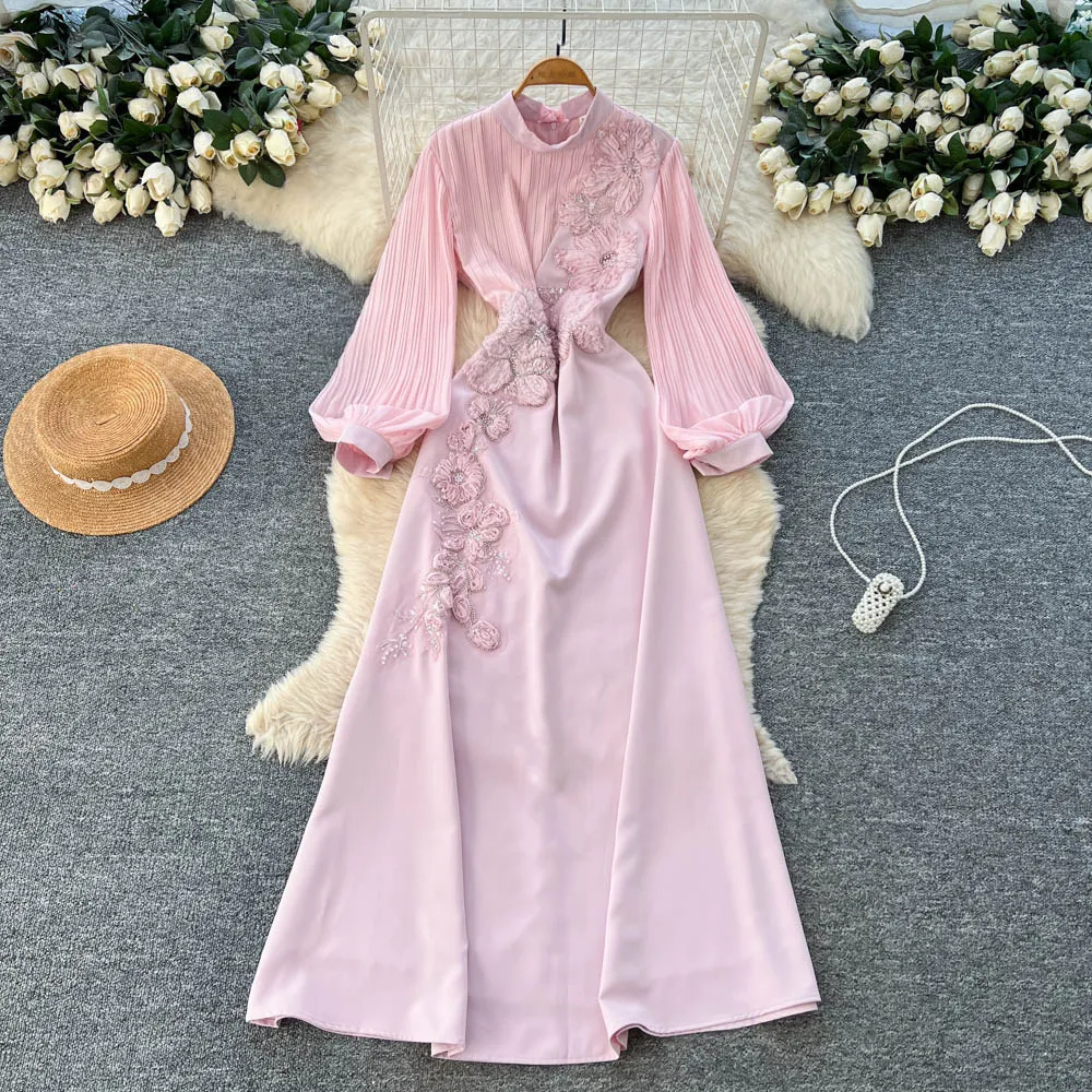 

Women Solid Dresses A Line Dress 3D Floral Embroidery Ankle Lenth Long Bell Sleeves Waist Cinch Slim Casual Elegant 2026 Spring