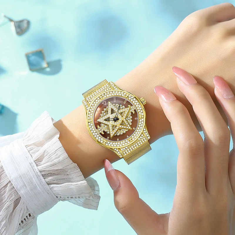 FOXBOX 2026 Women's Watches Fashionable Large Dial Pentagram Waterproof Watch For Girls Snowflake Rotating Hollow Women's Watch