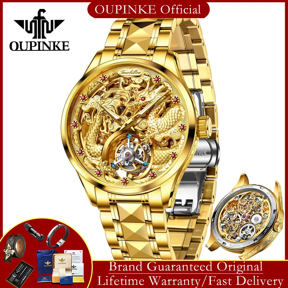 OUPINKE 3176 Tourbillon Automatic Watches for Man Gold Dragon Watch Fashion Skeleton Mechanical Mens Wristwatch Luxury Man Watch