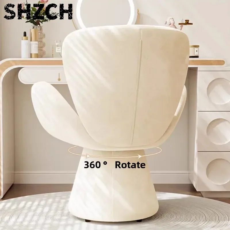 Cream Style Swivel Makeup Stool Velvet Upholstered Dressing Table Chair with Backrest Rotating Stool Bedroom Home Accent Seat