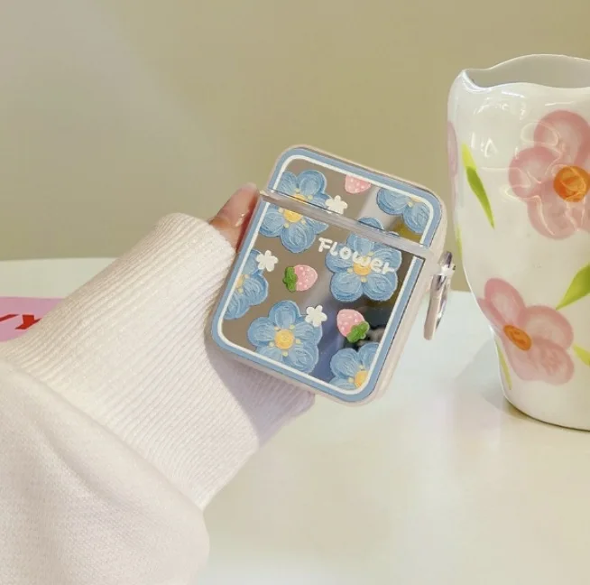 Ins flor de espejo cuadrado adecuada para Apple AirPods1/2, funda para auriculares pro2, nueva funda para auriculares