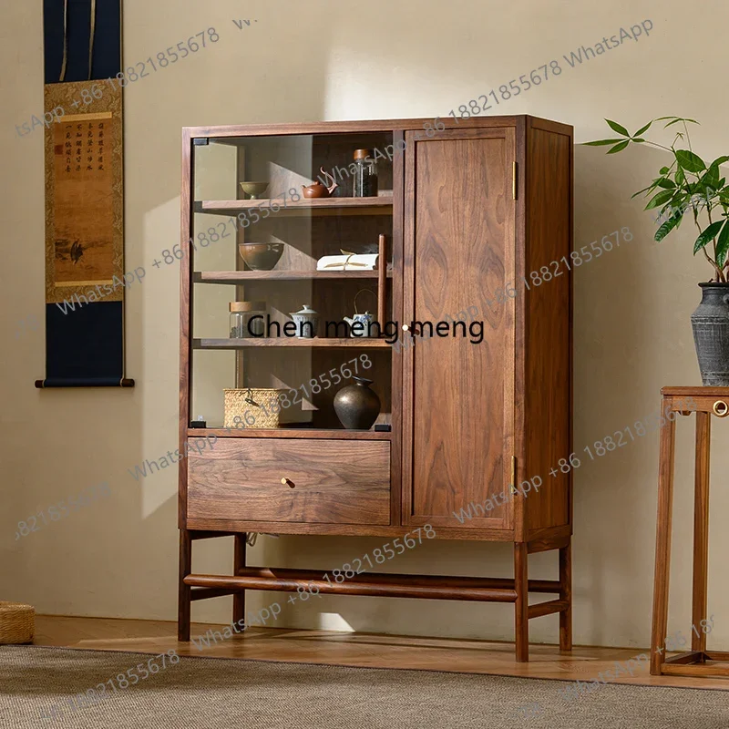 

New Chinese Style North American Black Walnut Glass Cabinet with Light Multi-Storage Cabinet Living Room Tea Room Display Rack