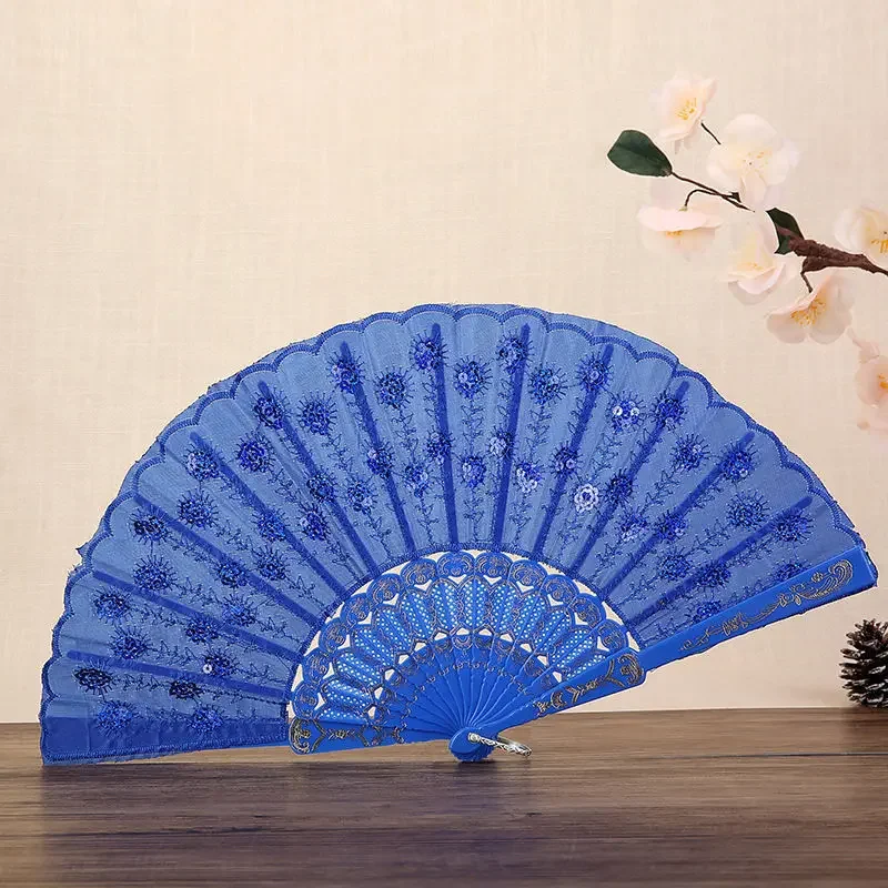 Embroidery Sequin Folding Fan Chinese Style Lolita Dance Hand Fan with Pendant Gift Costume Accessories Wedding Party Decoration