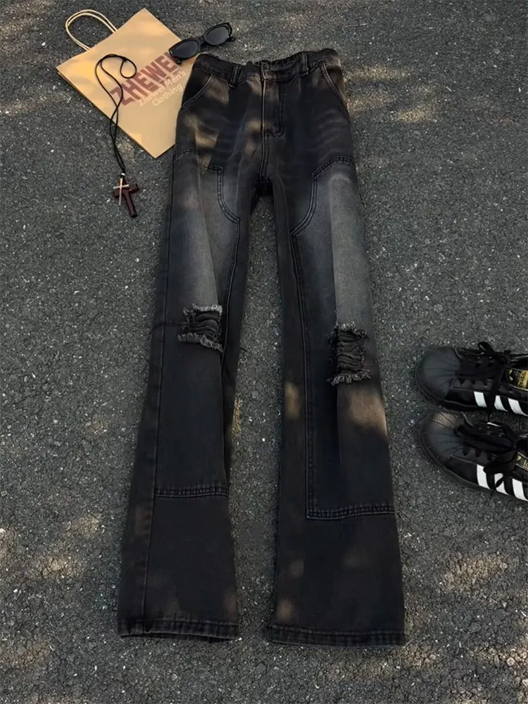 

Black American High Street Hole Micro Flare Jeans Men's Winter Cool High End Feel Casual Straight Leg Long Pants